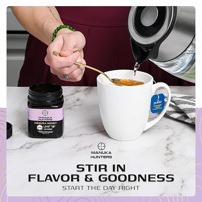 Manuka Hunters UMF 15+/MGO 514+ Certified New Zealand Manuka Honey - 100% Pure Natural Sweetener - Gluten, Dairy Free - Ideal for Tea, Coffee, Smoothies, and Baking - Sustainable - 8.8oz/250g Jar
