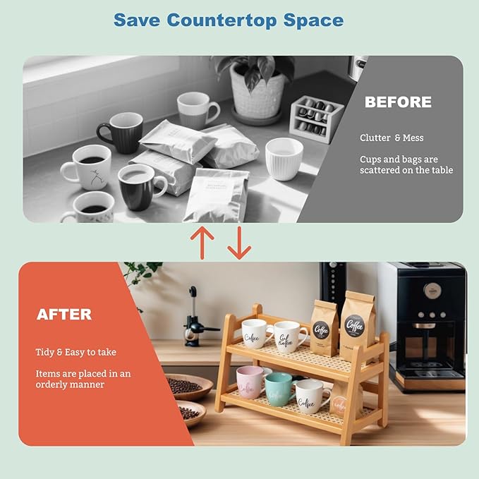 2-Tier Coffee Station Organizer, Bamboo Coffee Cup Holder for Counter top, Vintage Mug Organizer, Rustic Mug Holder for Kitchen