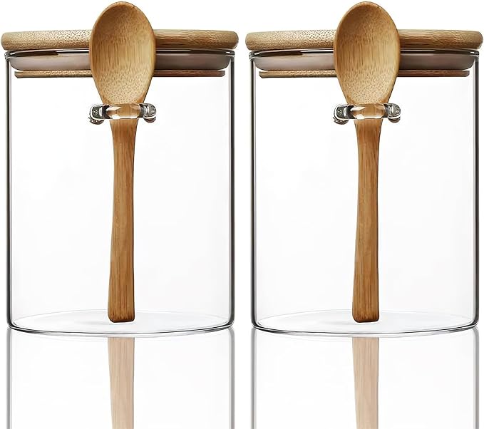 MOLFUJ 2 Pack Clear Glass Storage Canister with Airtight Lid, 15 oz/450 ml Small Decorative Container Jar with Wooden Spoon for Overnight Oatmeal Coffee Spice Candy Salt Cookie Condiment Pepper Sugar