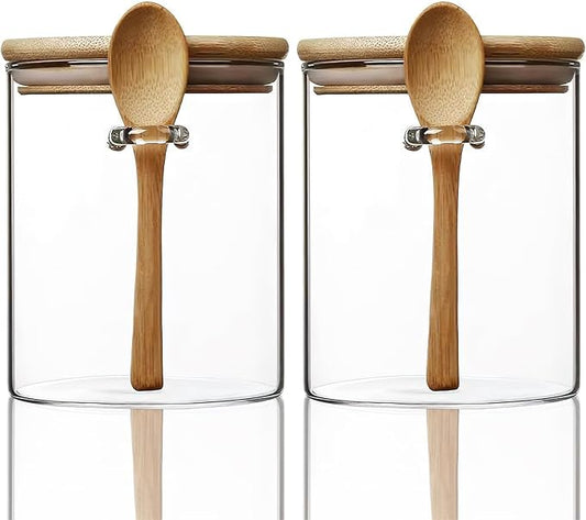 MOLFUJ 2 Pack Clear Glass Storage Canister with Airtight Lid, 15 oz/450 ml Small Decorative Container Jar with Wooden Spoon for Overnight Oatmeal Coffee Spice Candy Salt Cookie Condiment Pepper Sugar