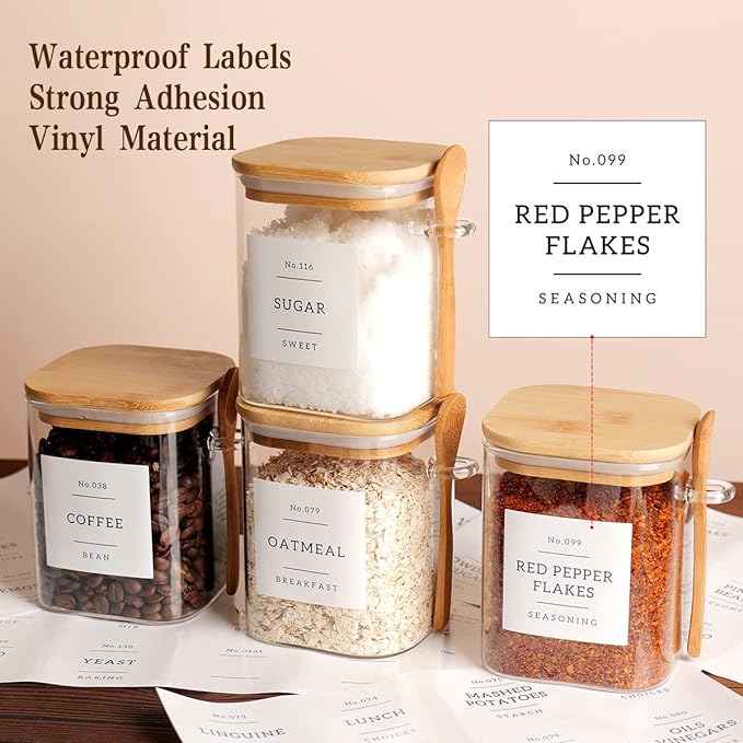 Set of 4 Square Glass Jar with Bamboo Lids and Spoons – Airtight 27 oz Borosilicate Glass Food Storage Contaienrs with 132 Kitchen Pantry Labels for Coffee, Tea, Sugar