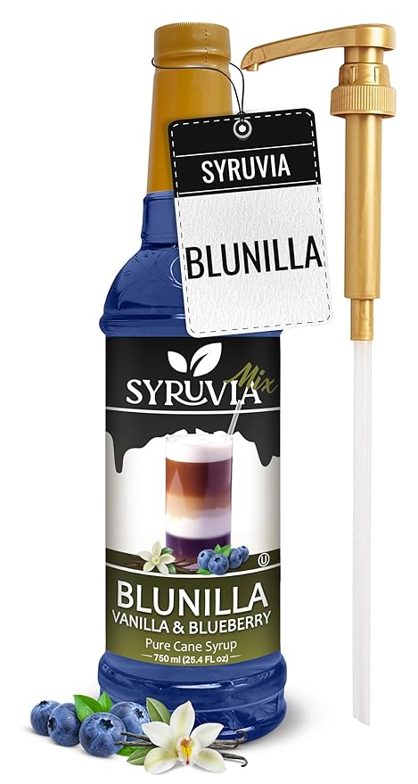 Syruvia BLUNILLA Coffee Syrup Vanilla Blueberry - 25.4 fl oz - Kosher Syrups, Gluten Free With Pump