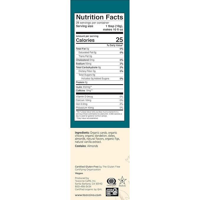 Teeccino Dandelion Vanilla Nut Herbal Coffee - Caffeine-Free Coffee Alternative with Prebiotics, Gluten Free, Acid Free - Medium Roast, 10 oz