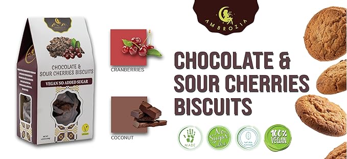 Ambrozia Vegan Snack Biscuits – Chocolate & Sour Cherry - Soft Baked, No Added Sugar, Clean Label, High Fiber & Wholesome Ingredients, Kid-Friendly, Healthy Snacks for Active Lifestyles, 4.58 Oz