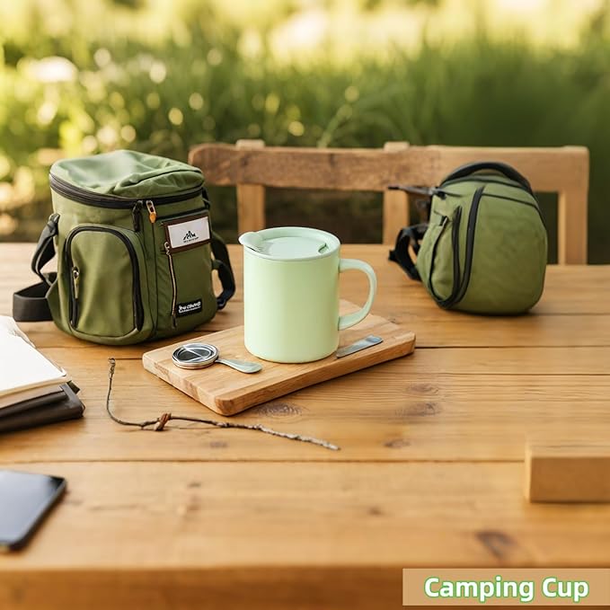 12oz Insulated Camping Coffee Mug with Lid & Handle, Double Wall Stainless Steel Vacuum Travel Coffee Cup, Reusable Tumbler for Home Office Camping - Green