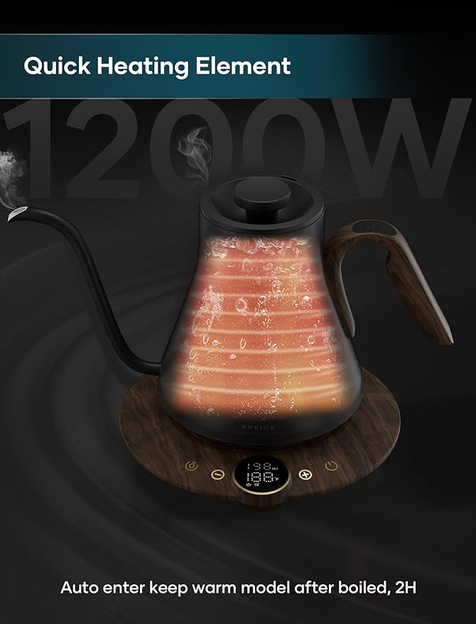 Gooseneck Electric Kettle with ±1℉ Temperature Control for Pour Over Coffee & Tea, Quick Heating, BPA-Free Stainless Steel, Built-in Brew Timer, 1500W/0.9L (Rainforest)