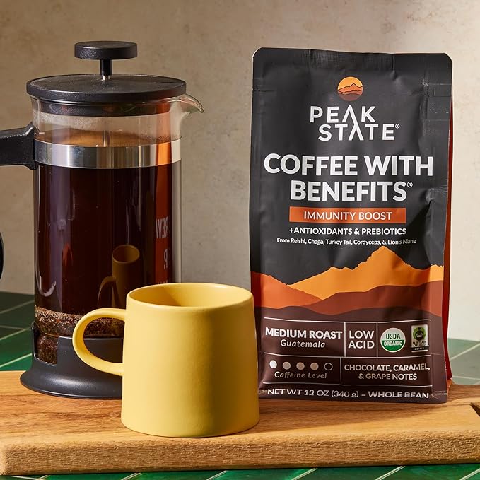 Peak State Coffee with Functional Mushrooms, Low Acid, Whole Bean (FOCUS, BOOST IMMUNITY, & DESTRESS) (Immunity Boost)