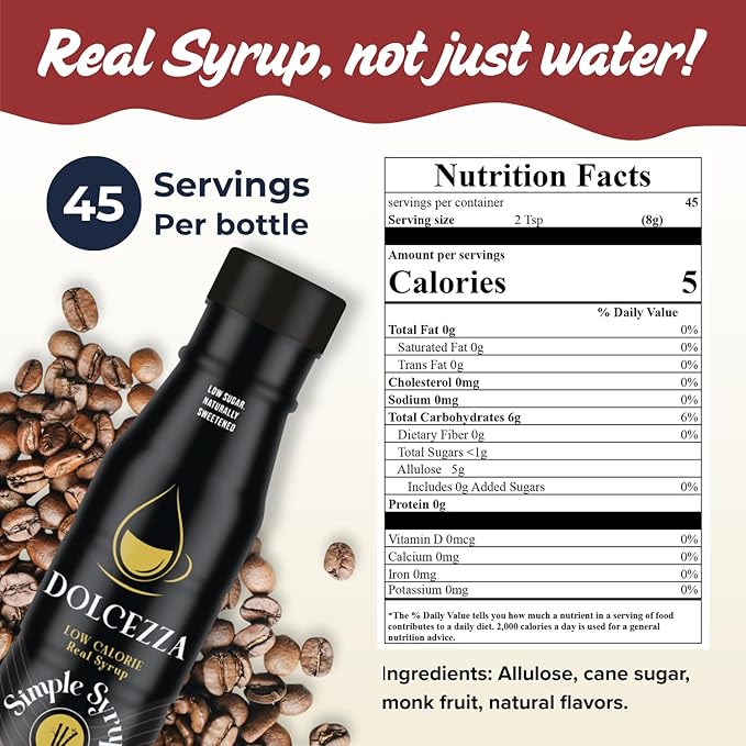 Dolcezza Allulose Simple Syrup, All Natural Low Sugar Sweetener for Coffee, Baking, and Drinks. Keto Friendly Monkfruit Blend. No Stevia or Artificial Sweeteners. No Aftertaste. 12 fl oz