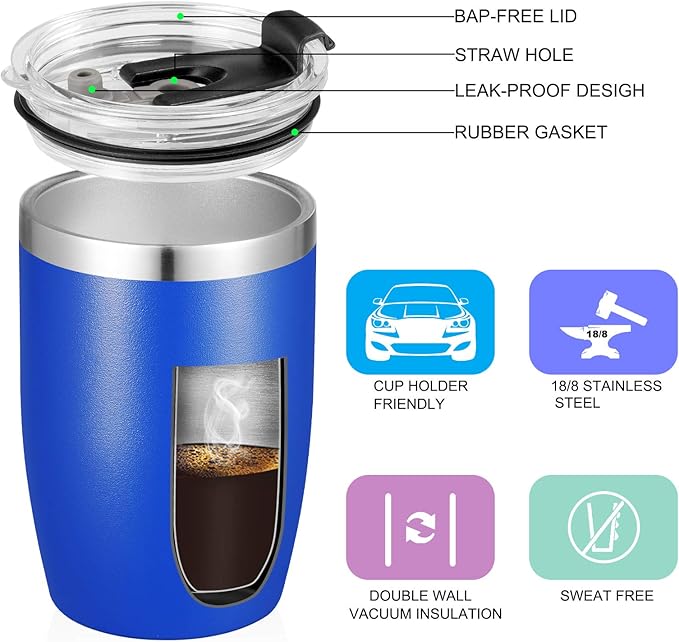 VEGOND Stainless Steel 12 oz Tumblers bulk Vacuum Insulated Double Wall Travel Tumbler with Lid and Straw Reusable Tumbler, Royal Blue 1 Pack