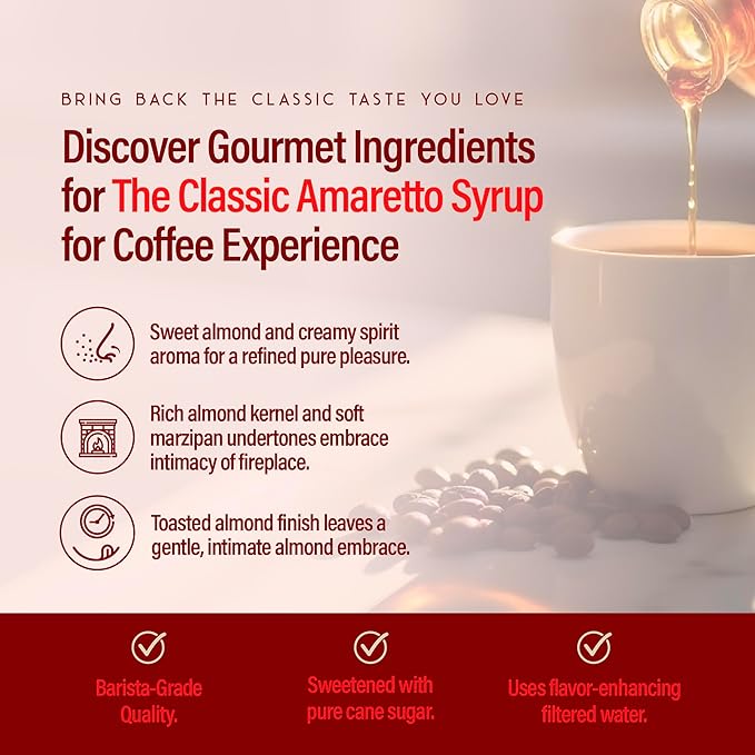 RIO Amaretto Flavoring Coffee Syrup Perfect for Hot or Iced Drinks and Desserts, Sweet and Nutty taste, Sweetened with Pure Cane Sugar, Barista-Grade  Flavor Syrups For Coffee Drinks at Home & Work - 700ml