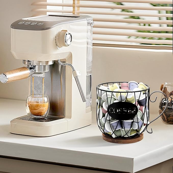 Rustic Metal K-Cup Coffee Pod Holder Mug - Large Wire Basket with Wooden Base for Countertop Coffee Storage - Farmhouse Decor for Home & Office (Rustic Brown-Round)