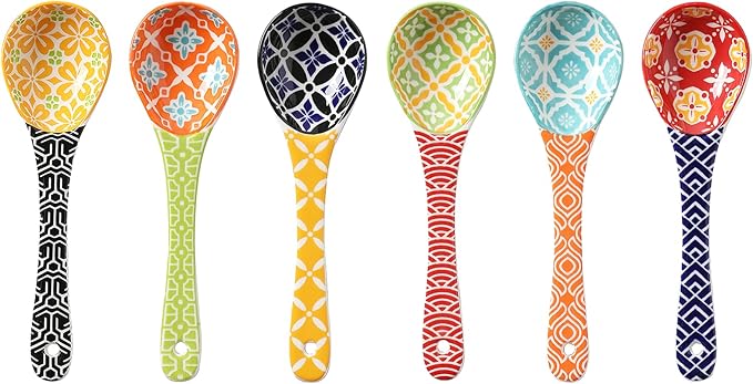 Ceramic Small Serving Spoons, Colorful Soup Spoon Set for Cereal, Yogurt, Dips, Ice Cream, Ramen, Dishwasher & Microwave Safe, Cute Decorative Spoon Set of 6