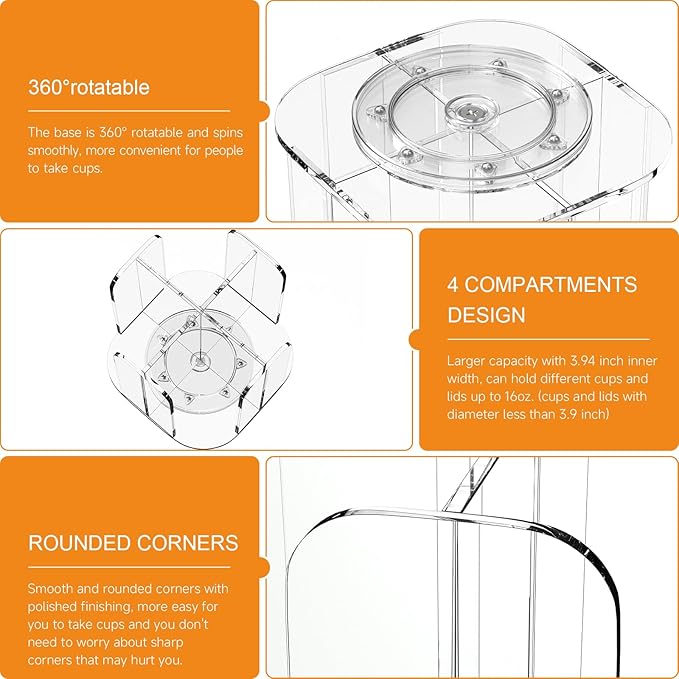 Beego Rotatable 4-Compartment Acrylic Cup Dispenser - Coffee Station Cup and Lid Carousel Countertop Plastic Cup Holder for Restaurant Breakroom Coffee Bar