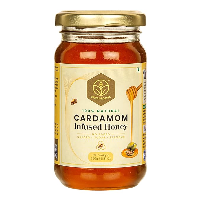 Shiva Organic Cardamom Infused Honey - 100% Natural and Pure Organic Honey - GMP Certified 8.81 Ounces (250g))