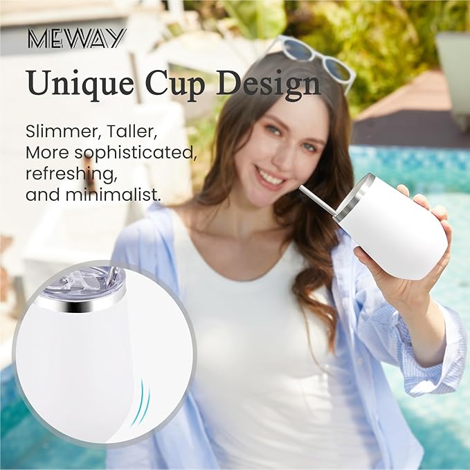 MEWAY Durable 12oz Stainless Steel Wine Tumbler with Lid and straw - Vacuum Insulated Coffee and Wine Cup for Travel, Parties, and Outdoor Events(White, Set of 12)