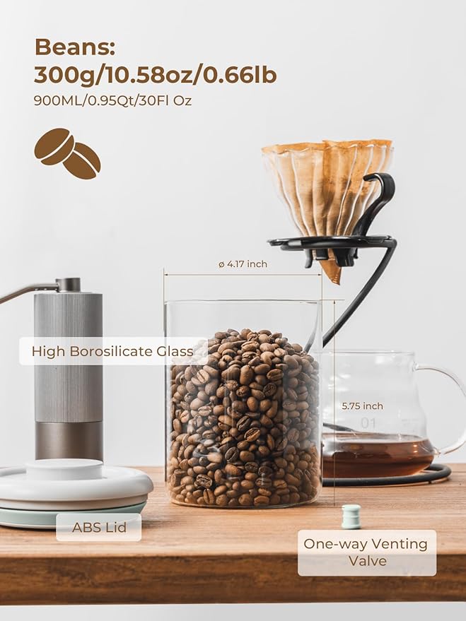 Coffee Bean Container Airtight Storage Containers Pop Up Canister High Borosilicate Glass Jar Air Tight Containers for Coffee 300g 900ml*2 Gray