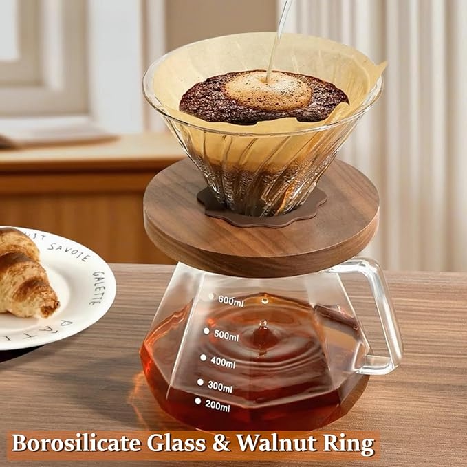 Pour Over Coffee Maker Set 20 oz, 600 ml Borosilicate Glass Coffee Server with Glass Lid, 50 pcs Paper Filter, Walnut Handle Pour Over Coffee Dripper for Home Café Restaurant, Clear