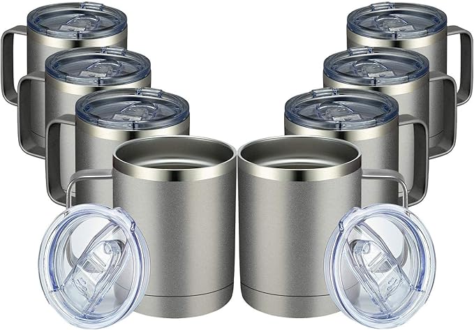 MEWAY 12oz Coffee Mug With Handle 8 Pack Bulk,Stainless Steel Insulated Travel Tumblers With Sliding Lid,Double Wall Vacuum Camping Cup for Hot & Cold Drinks Tea (Cold Grey,Set of 8)