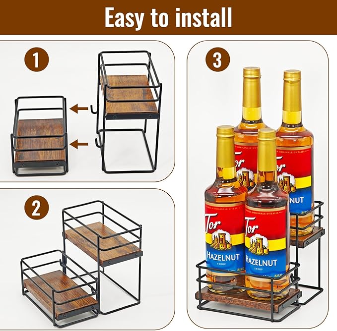 4 Bottle Coffee Syrup Organizer Rack, 2 Tier Coffee Syrup Bottle Stand Holder for Coffee Bar, Installation-free, Liquor Bottle Display Shelf, Coffee Syrup Shelf for Liquor Whiskey Wine Display