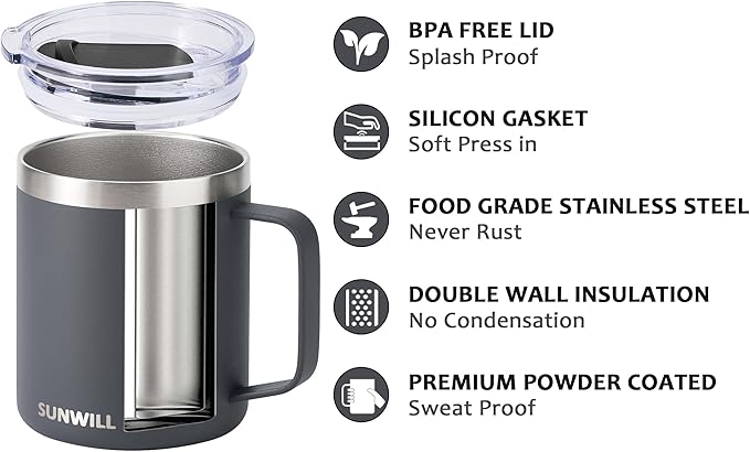 SUNWILL Travel Coffee Mug with Lid, Insulated Tumbler with Handle, 14 oz Stainless Steel Cup for Home, Office, Camping, Powder Coated Charcoal