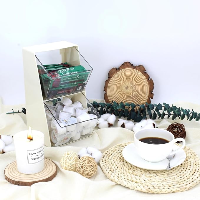 Bokelai Coffee Pod Holder with 2 Large Capacity Basket K Cup Storage Container Coffee Bar Accessories for Creamer Suger Plastic Desk Box Tea Bag Organizer Creamy White/Clear