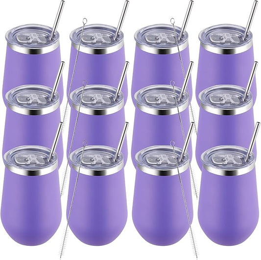 MEWAY 12oz Stainless Steel Wine Tumbler with Lid and Straw - Double Wall Stainless Steel Coffee Mug, Gift for Woman Under 10 dollars， 12 Pack Bulk tumblers(Purple,Set of 12)