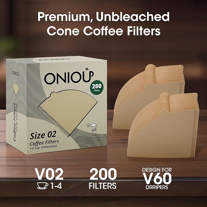 V60 Coffee Filters 02, ONIOU Unbleached Size 02 Cone Coffee Filters, 200 Count Natural Brown Pour Over Paper Filters for Hario V60 & Others 1–4 Cup Coffee Dripper - Package May Vary