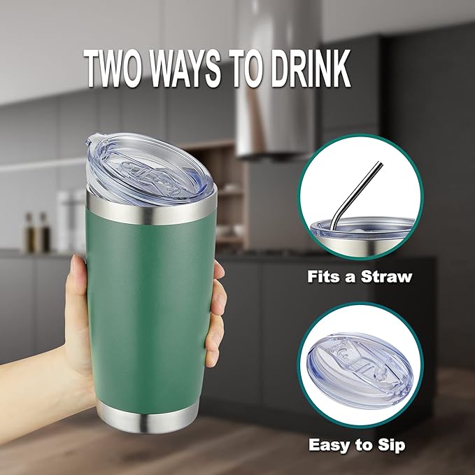 COMOOO 20oz Tumbler Bulk Double Wall Vacuum Insulated Travel Mug, Stainless Steel Tumbler with Lid and Straw Durable Powder Coated Insulated Coffee Cup for Cold & Hot Drinks (Dark Green, 4 pack