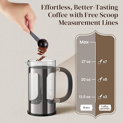 Veken French Press Coffee Maker 34oz 1 L, No Plastic Touching Cafe, Heat Resistant Thickened Borosilicate Glass, Stainless Steel Brewer,Cold Brew Cafetera Teapot for Kitchen Travel Camping,Dark Pewter