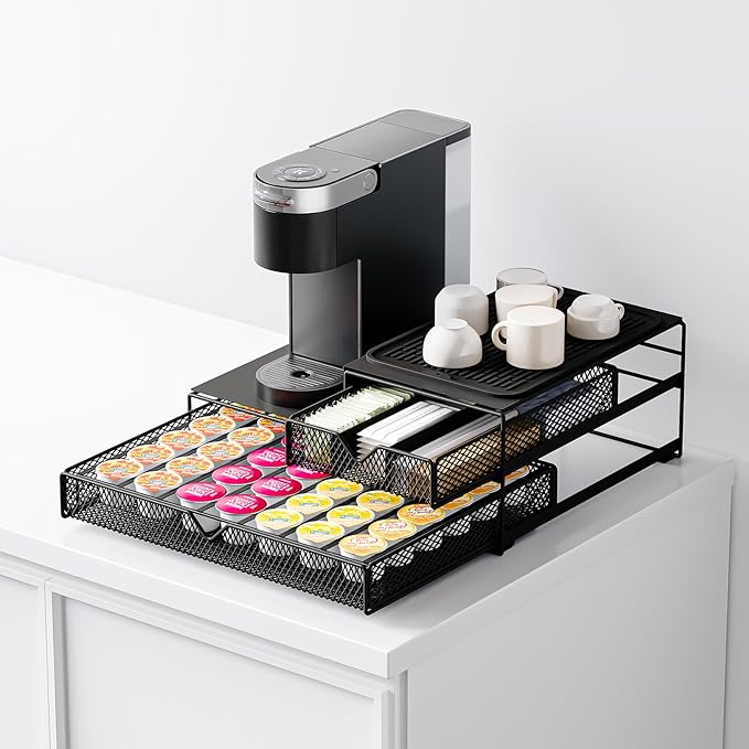 Coffee Maker Countertop Organizer,K Cup Pod Drawers,60 Coffee Capsule Pod Holder,Integrated Design Requires No Assembly.Slidng Storage Pod Baskets,Pod Stands,Silicone Drink Coasters