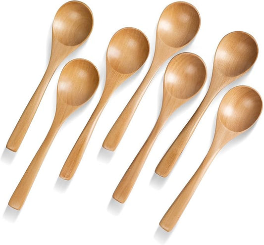 7 PCS Wooden Spoons for Eating, 7 inch Wooden Honey Spoons for Tea, Wood Teaspoons for Stirring Coffee, Schima Wood Table Spoon for Cooking, Small Serving Spoon for Soup, Desserts & Cereal