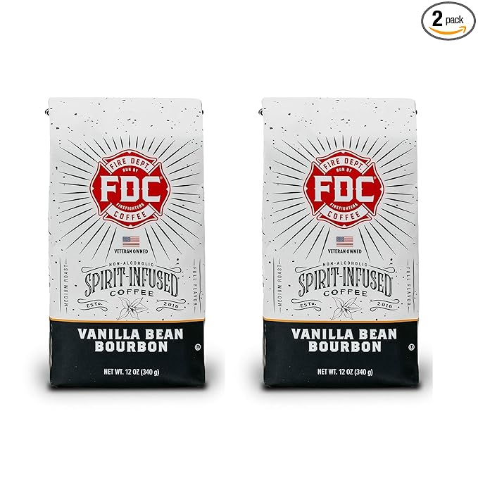 Fire Department Coffee - Vanilla Bourbon Coffee - Gives Back to Firefighters - Vanilla Bean Bourbon Infused Ground - Non-Alcoholic - Roasted in the USA - Veteran Owned (12 oz, Pack of 2)