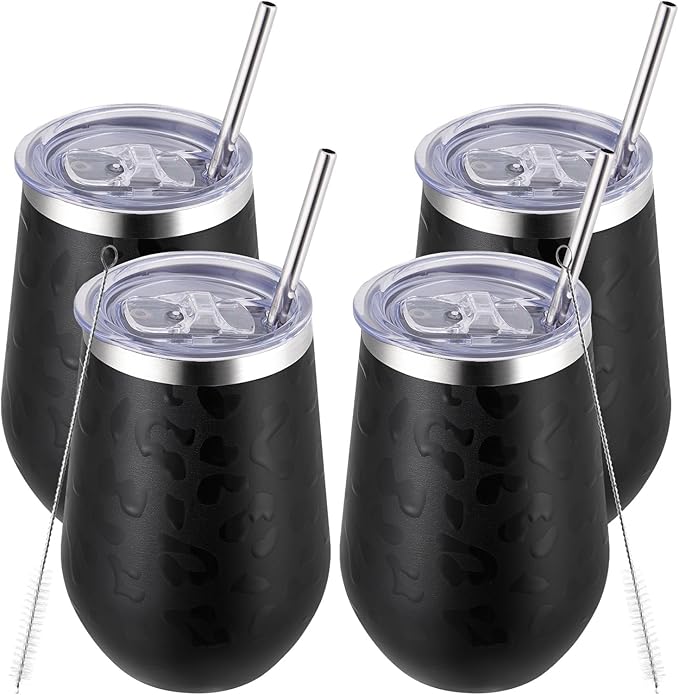 MEWAY 12oz Insulated Wine Tumbler with Press-In Lid, Double Wall Vacuum Stainless Steel Travel Tumbler with Straw, for Coffee and Drinks, Gift for Woman Under 10 dollars(Black Leopard,Set of 4)
