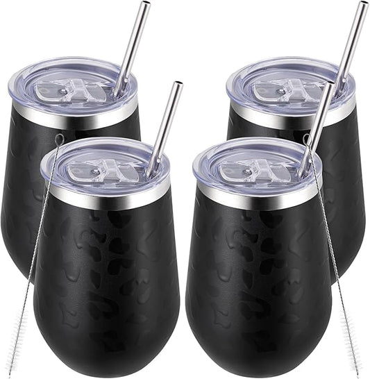 MEWAY 12oz Insulated Wine Tumbler with Press-In Lid, Double Wall Vacuum Stainless Steel Travel Tumbler with Straw, for Coffee and Drinks, Gift for Woman Under 10 dollars(Black Leopard,Set of 4)