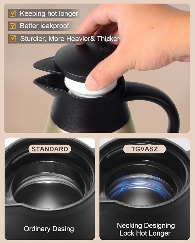 Updated 70 Oz Thermal Coffee Carafe, 2.1L nsulated Stainless Steel Coffee Carafes for Keeping Hot Coffee & Tea Hot Beverage-12Hours, Double Walled Vacuum Coffee Carafe (Gold)