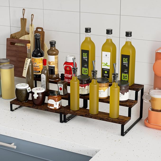 AUTARRONE Wooden Display Risers, 3-Tier Perfume Stand & Expandable Spice Rack Organizer, Cupcake Stand Holder & Display Shelf for Liquor, Figure & Dolls Collection (3-Tier, 2 Pack)