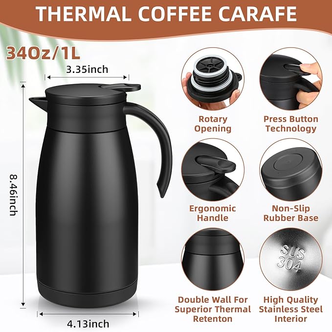 Norme 2 Pcs Thermal Coffee Carafe Insulated Stainless Steel Coffee Carafe for Hot Liquid Vacuum Thermal Pot Creamer Pitcher Dispenser with Brushes Keeping Hot Water Milk(Black,34 oz)
