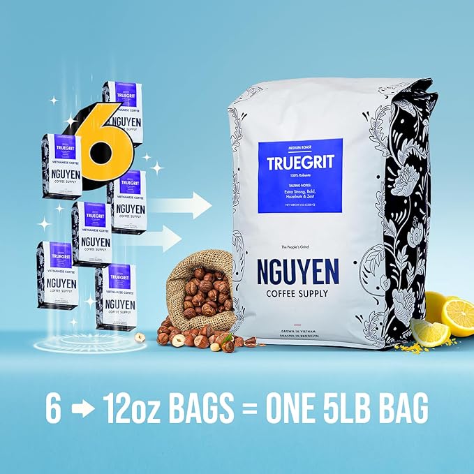 Nguyen Coffee Supply - Truegrit Robusta: Medium Roast Whole Coffee Bean, Vietnamese Single Origin, Direct Trade, Low Acid with High Caffeine Content, Roasted in Brooklyn [5 Ib Bag]