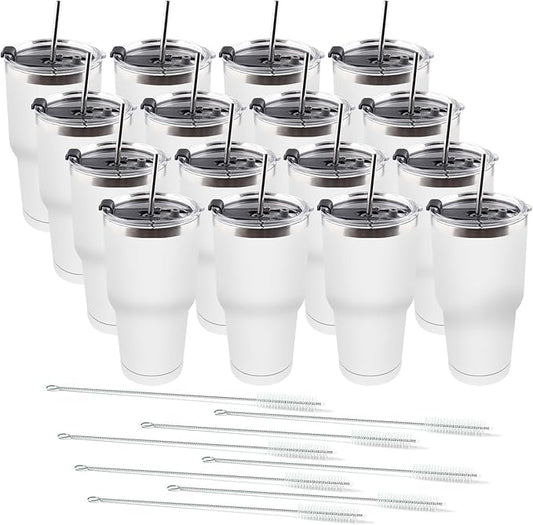 Amtidy 16 Pack 30oz Travel Mug, Powder Coated Stainless Steel Vacuum Double Wall Bulk Tumbler, Durable Insulated Coffe Cup with Splash Proof Lids straw and cleaning brush，for Home, Office, Party