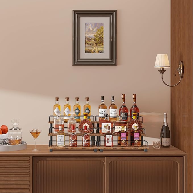 Homode Liquor Bottle Display Shelf, Coffee Syrup Rack Organizer, 3 Tier Wine Rack Countertop, Home Retro Bar Shelf Stand Holder for Liquor Whiskey Spirits, Mini Bar, Liquor Cabinet, Rustic Brown