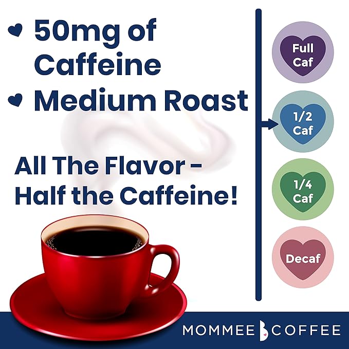 Mommee Coffee Half Caf Low Acid Whole Organic Coffee Beans - 100% Arabica Organic Half Caff Coffee Beans with Smooth Caramel Flavor - Natural Process - Medium Roast - 11 oz