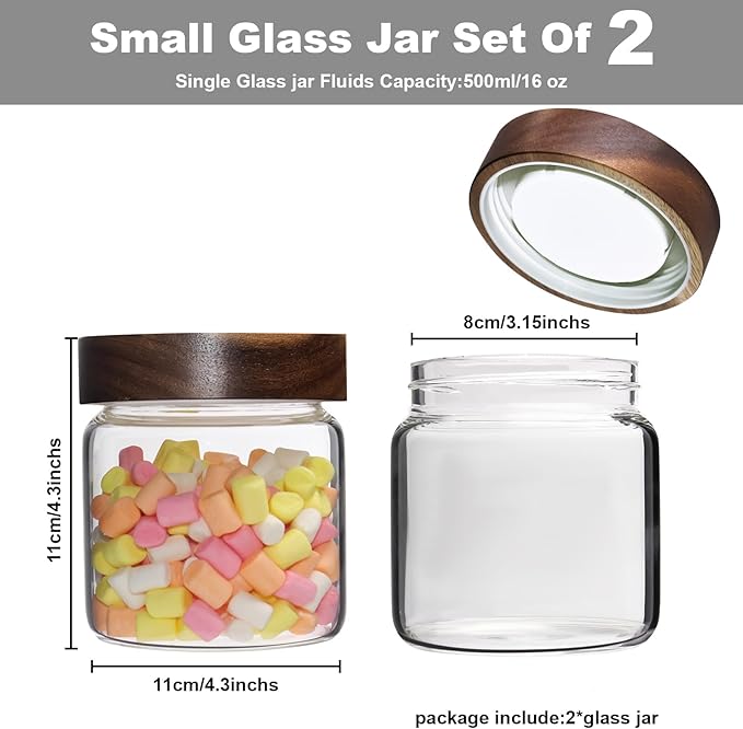 Glass Coffee Jars Spice Jar Round Storage Canister with Wooden Lid Clear Glass Food Jar for Pantry Sugar Tea Coffee Bean Spice Nuts Cookies Bath Salts (500ml/16oz-2pack)