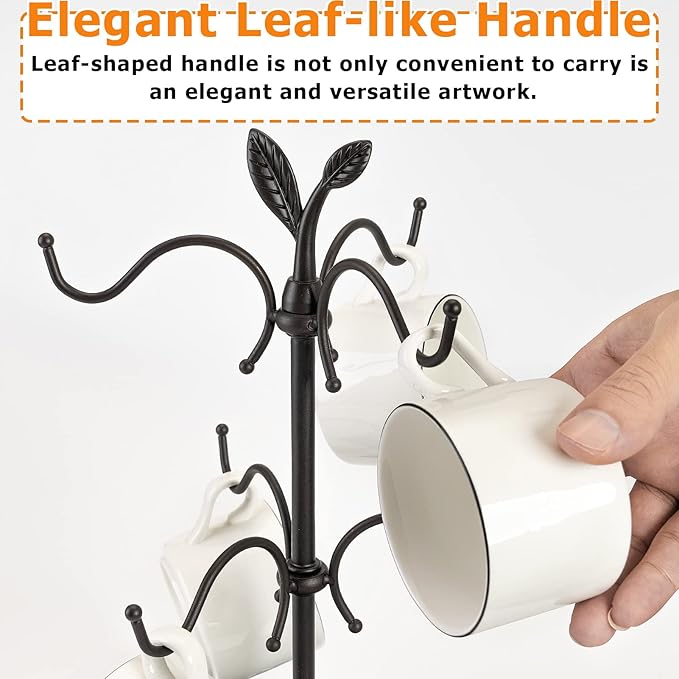 Coffee Mug Holder for Large Mugs, Mug Tree for Counter, Cup Holder for Countertop, Mug Rack with Tray, Metal Mug Tree with 6 Hooks, Coffee Counter Bar Accessory & Kitchen Home Organizer