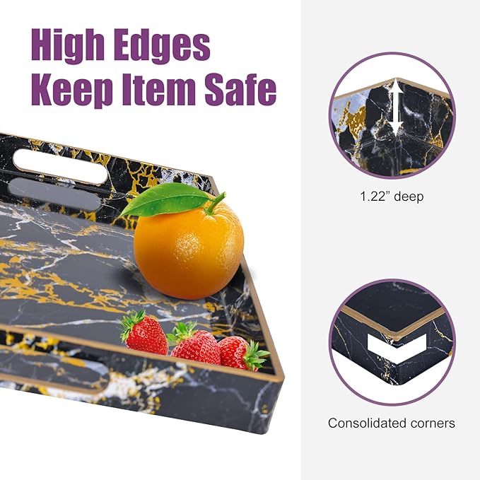 Gifturbo Black Serving Tray,Marble Decorative Serving Trays with Handles, Coffee Table Tray Ottoman Rectangular Plastic Trays with Gold Rim for Living Room, Bathroom，15.7 x 10.2 x1.37 inches