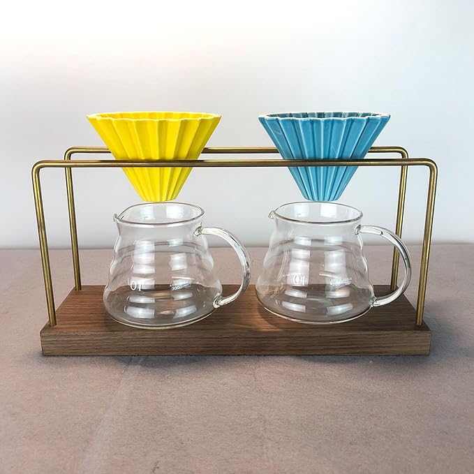 Ceramic Coffee Dripper Pour Over Coffee Maker with Wood Stand Elegant Flower Shape V60 Filter (white)