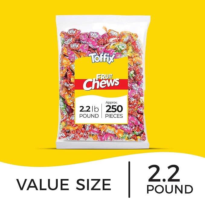 Toffix Fruit Chews, Center Filled Soft Fruit Chews Candy Individually Wrapped Snacks, Orange, Strawberry, Pineapple, Watermelon & Apple, Fruity Flavored Chewy Candies, 2.2 Pound Bulk Bag, Pack of 1