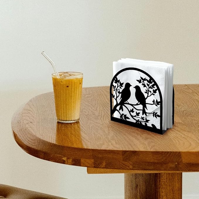 Birds on Branch Decorative Black Metal Napkin Holder for Table, 4.9" x 4.9" x 1.9" Standing Napkin Holder for Home Kitchen Restaurant Picnic Party Coffee Bar Dining Room