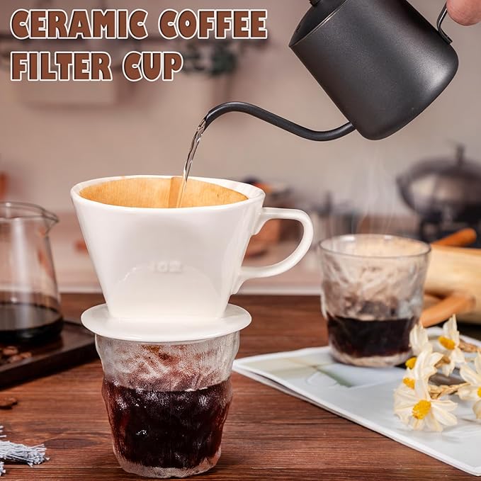 Pour Over Coffee Dripper, Ceramic Pour Over Coffee Maker with 3 Holes Flat Bottom, Easy Manual Brew Maker, Porcelain Slow Filter Cone for Travel, Camping, Office, Home, WH