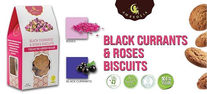 Ambrozia Vegan Snack Biscuits – Blackcurrant & Rose - Soft Baked, No Added Sugar, Clean Label, High Fiber & Wholesome Ingredients, Kid-Friendly, Healthy Snacks for Active Lifestyles, 4 x 4.58 Oz