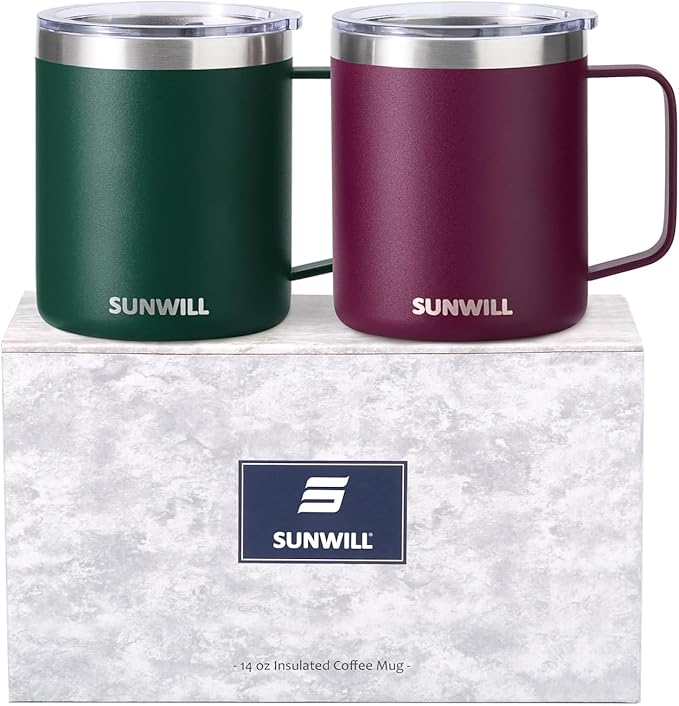 SUNWILL Travel Coffee Mug Set of 2, Insulated Tumbler with Lid, 14 oz Stainless Steel Cup with Handle for Camping, Office, Home, Powder Coated Forest Green & Plum